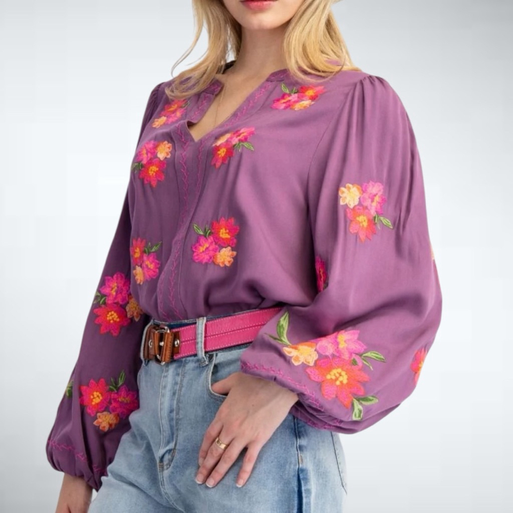 Easel Floral Embroidered Long Sleeve Top in Plum Size S